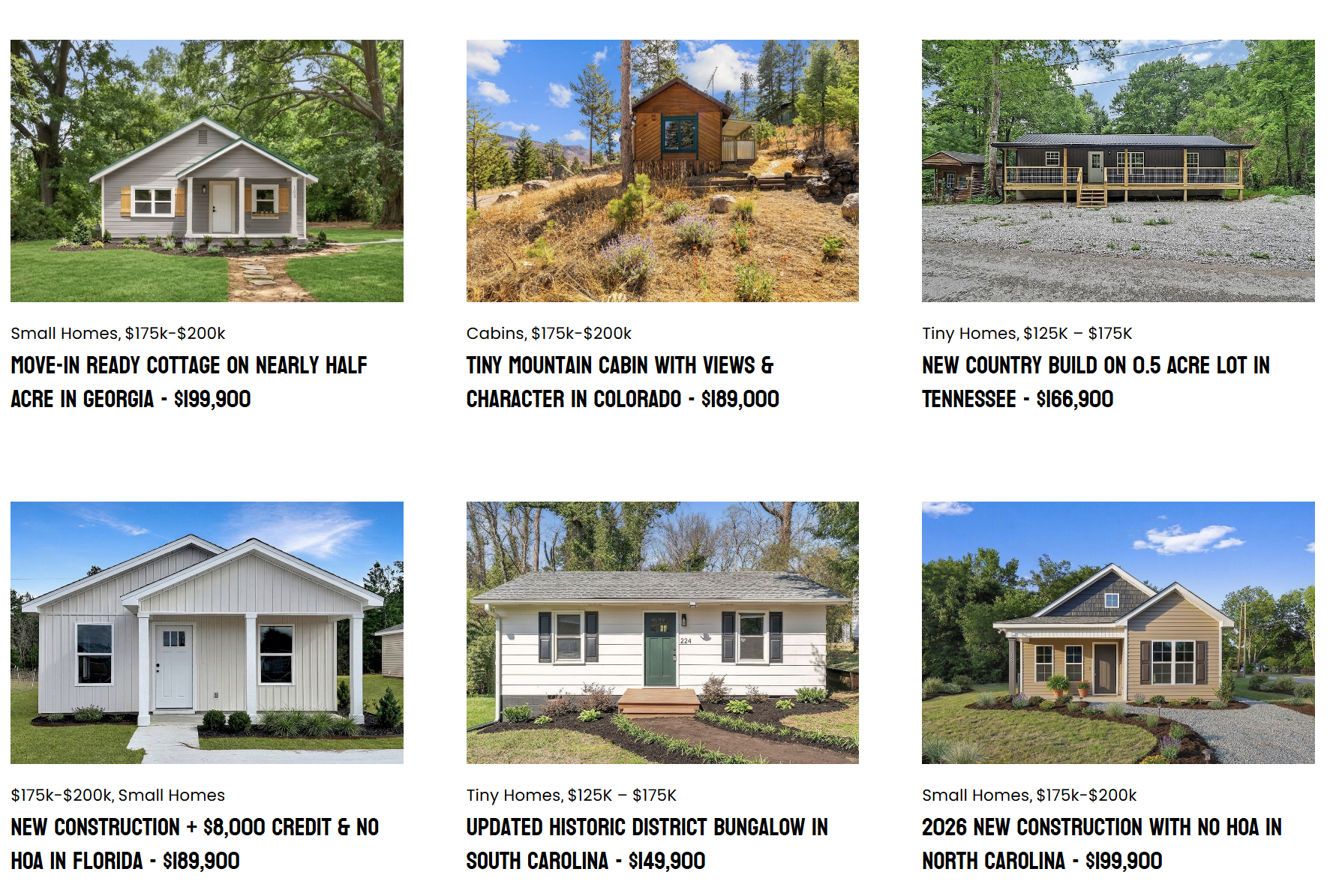 Collection of six images showing various small homes, cabins, and cottages for sale, with prices and descriptions. The homes are situated in different locations, including Georgia, Colorado, Tennessee, Florida, South Carolina, and North Carolina.