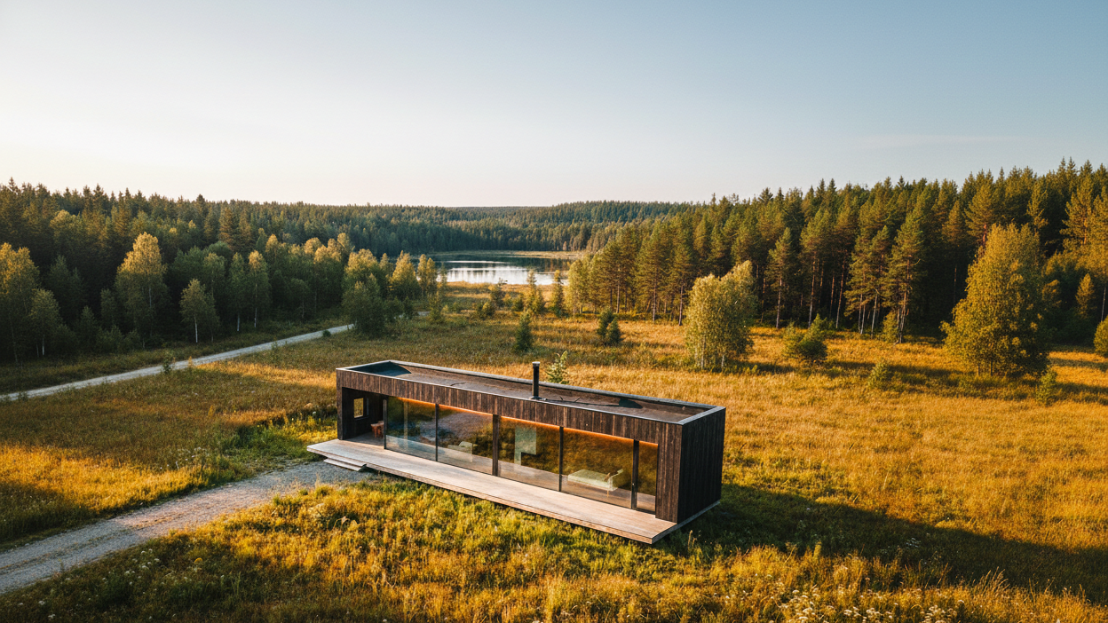 Modern tiny house with large glass windows, situated in a grassy field with trees, near a lake and forest.