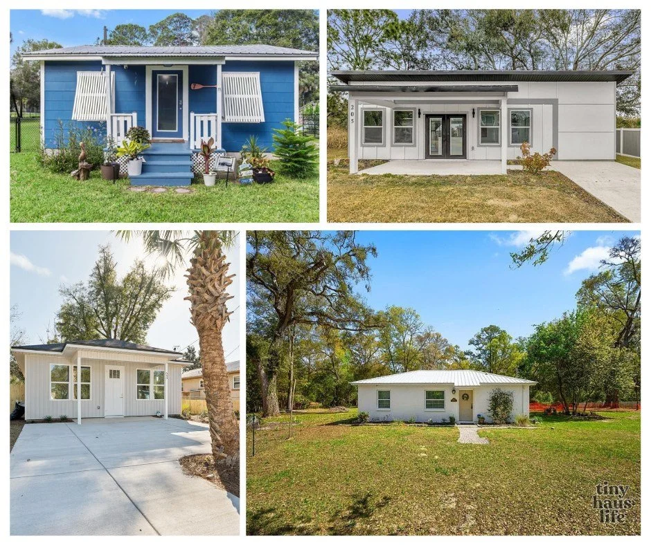 Collection of four different small houses and one garage with various exterior styles.