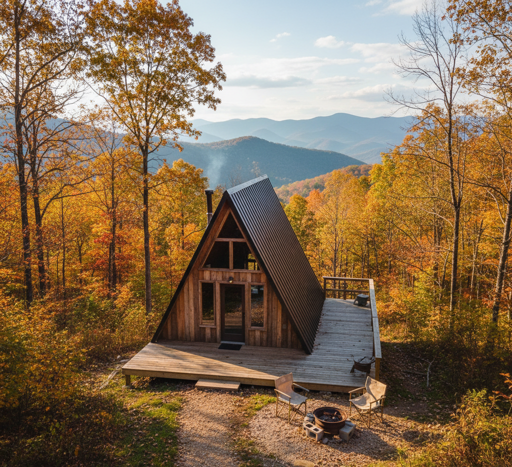 An A-frame wooden cabin with a metal roof in a forested mountainous area during fall, featuring a small deck with chairs and a fire pit.