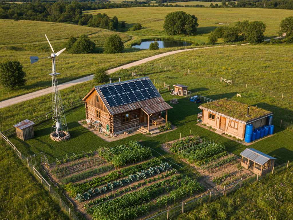 A farm with a wooden house equipped with solar panels on the roof, surrounded by gardens, a windmill, and small outbuildings in a rural landscape with rolling hills, trees, and a pond in the background.