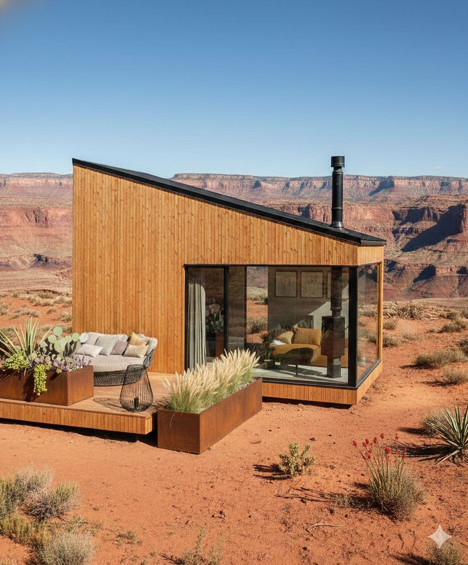 A modern house with a sloped roof, wooden exterior, and large glass windows, situated in a desert landscape with sparse vegetation and a canyon in the background.