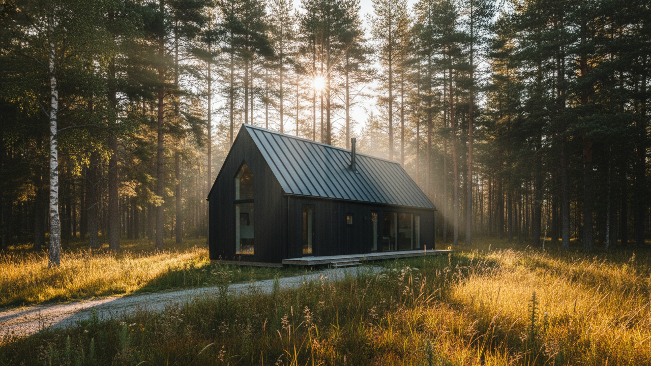 A small black house with a metal roof in a forest clearing at sunrise with sunlight filtering through pine trees.