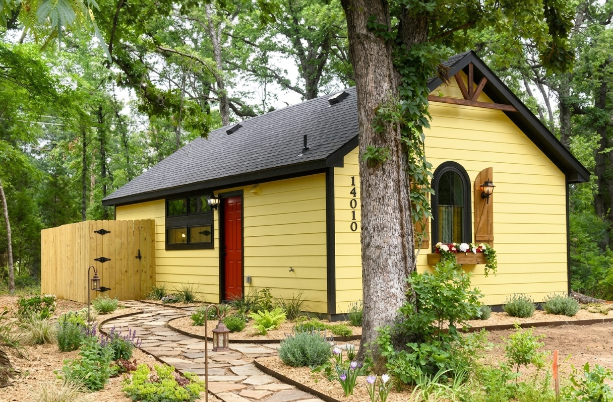 A small yellow house with black trim, a red front door, and a dark gray roof, surrounded by a garden with various plants and trees, and a stone pathway leading to the door.