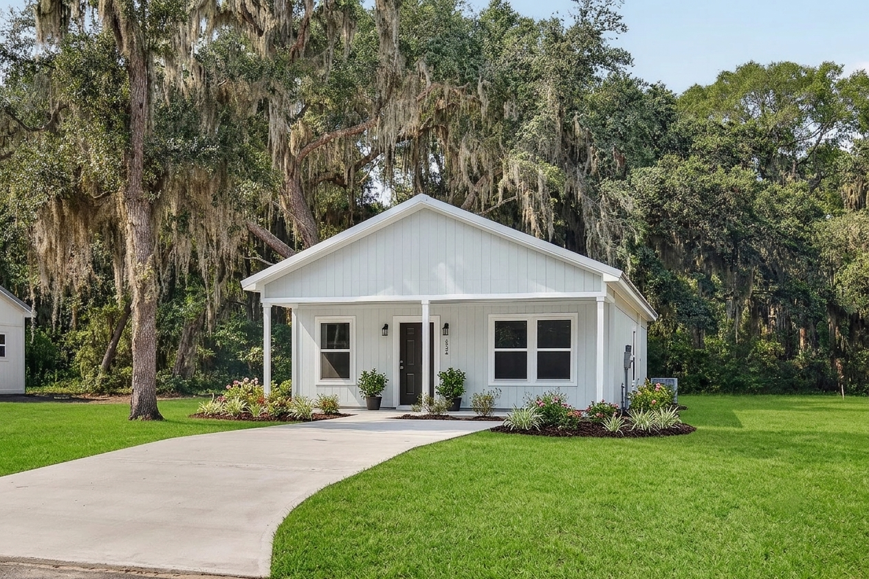 White single-story house with a black front door and two large windows on a bright, sunny day. Curved concrete driveway leads up to the house. Well-maintained lawn and landscaped garden with plants and flowers in front. Large trees in the background provide shade.