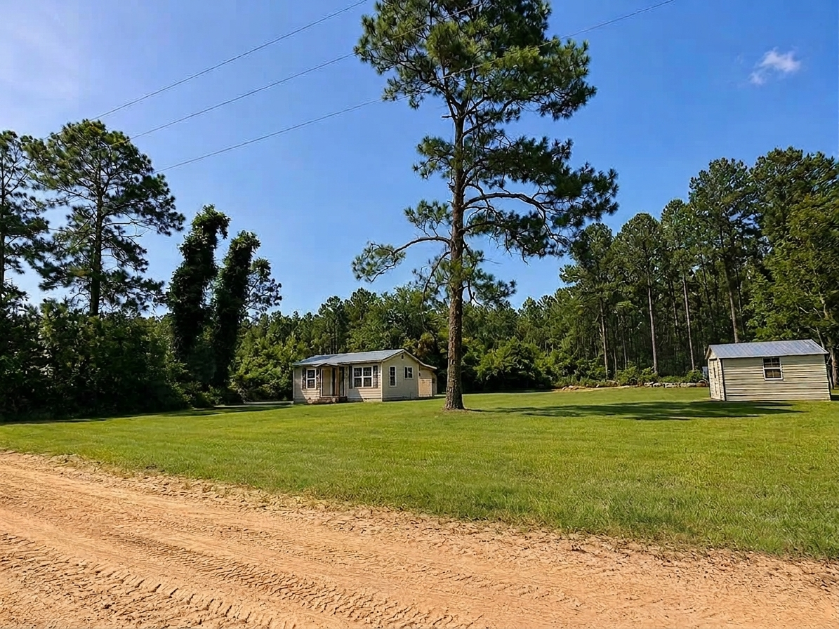A house and a smaller shed in a grassy yard, with tall pine trees and a blue sky in the background.