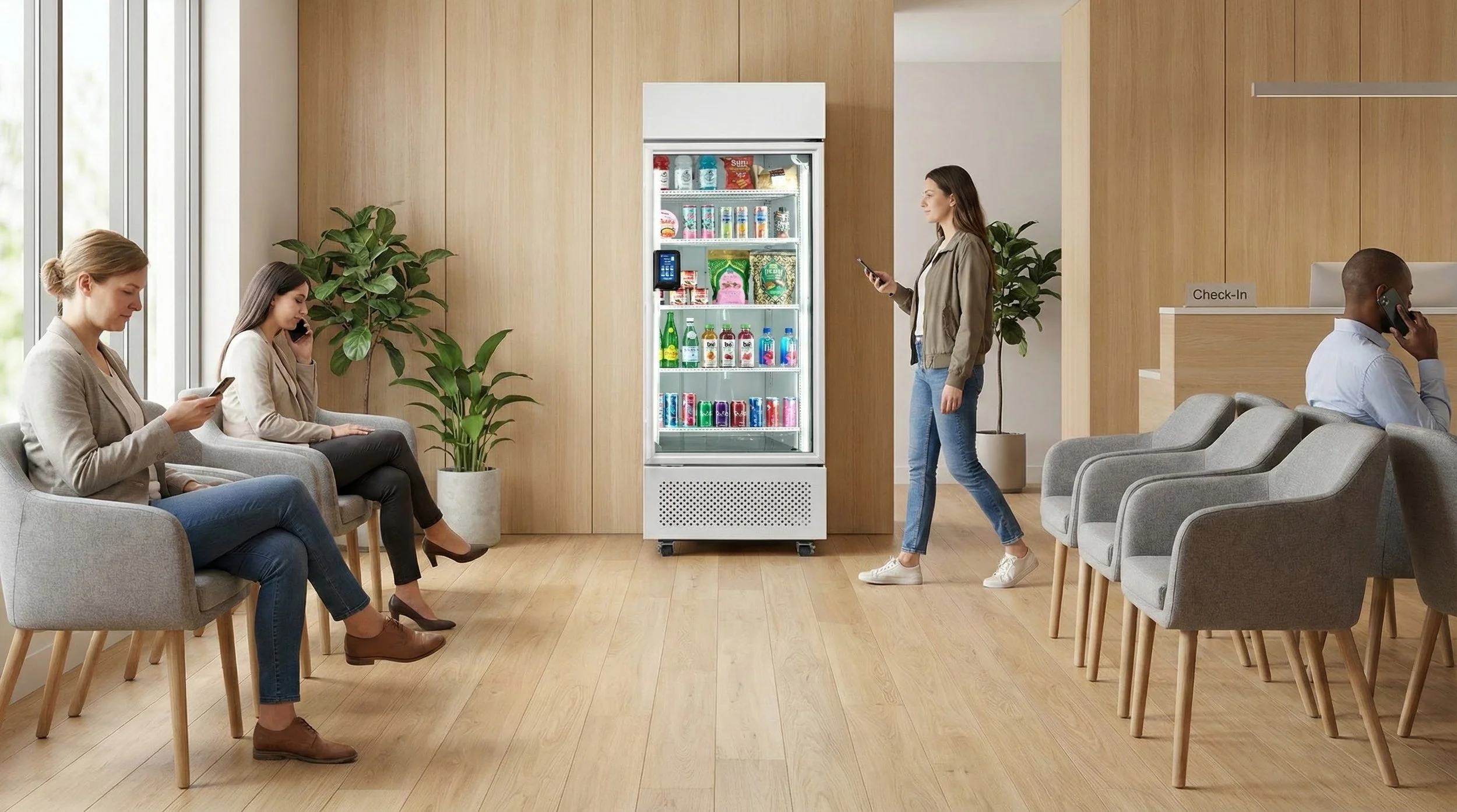 People waiting in a modern room, some sitting and some on the phone, with a refrigerator stocked with beverages in the background.