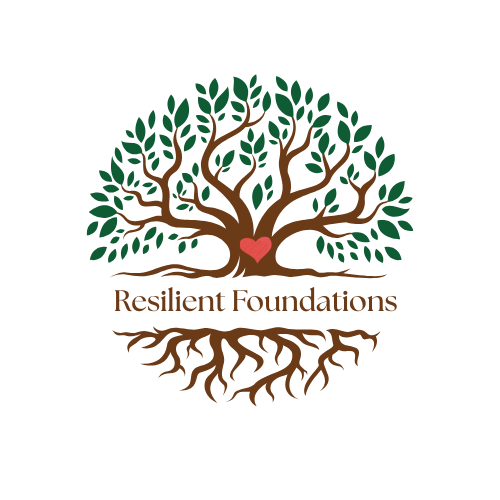 A logo featuring a large tree with brown trunk and branches, green leaves, and a pink heart at the base of the trunk. The tree's roots are visible beneath, and the text 'Resilient Foundations' is written below in brown.