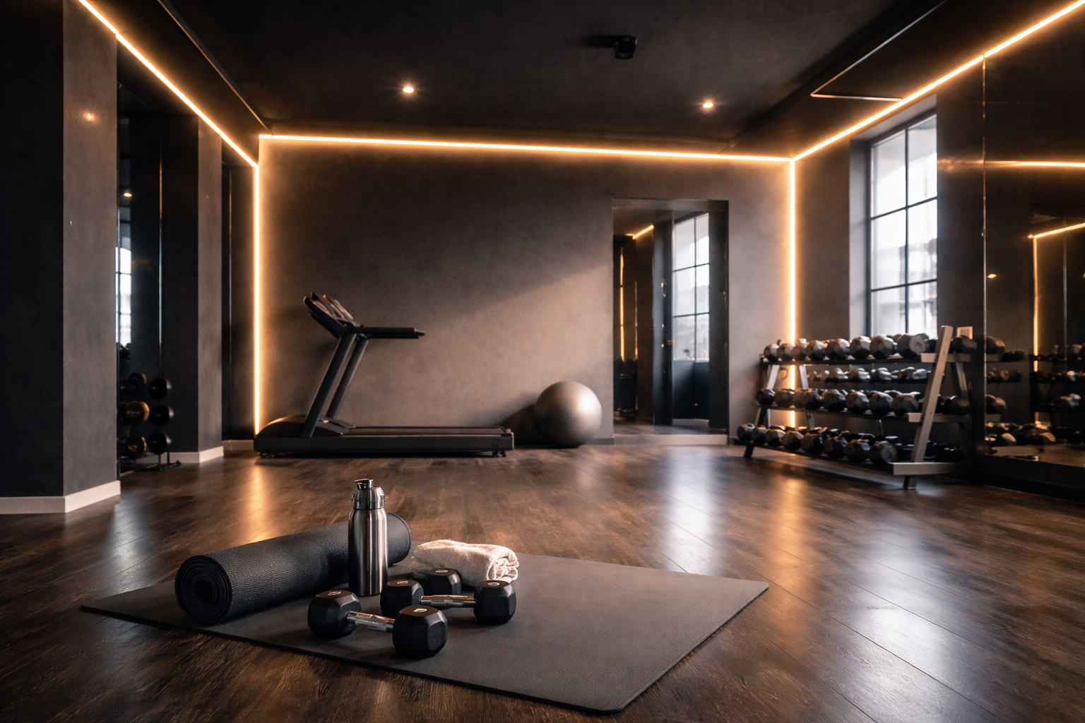 Modern women-only dance and fitness studio in Flint, Michigan with workout equipment and warm lighting.