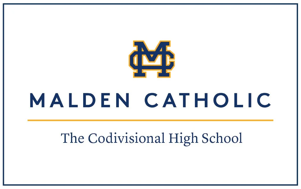 Logo of Malden Catholic High School featuring an interlocking M and C in navy blue and gold, with the school name and slogan in navy blue text on a white background.