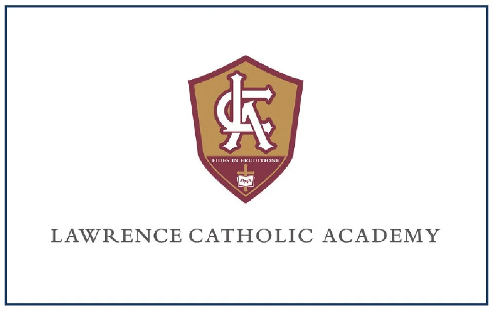 Logo of Lawrence Catholic Academy featuring a shield with la, a cross, and the Latin phrase 'Fides in Eruditione'; text below reads 'Lawrence Catholic Academy'.