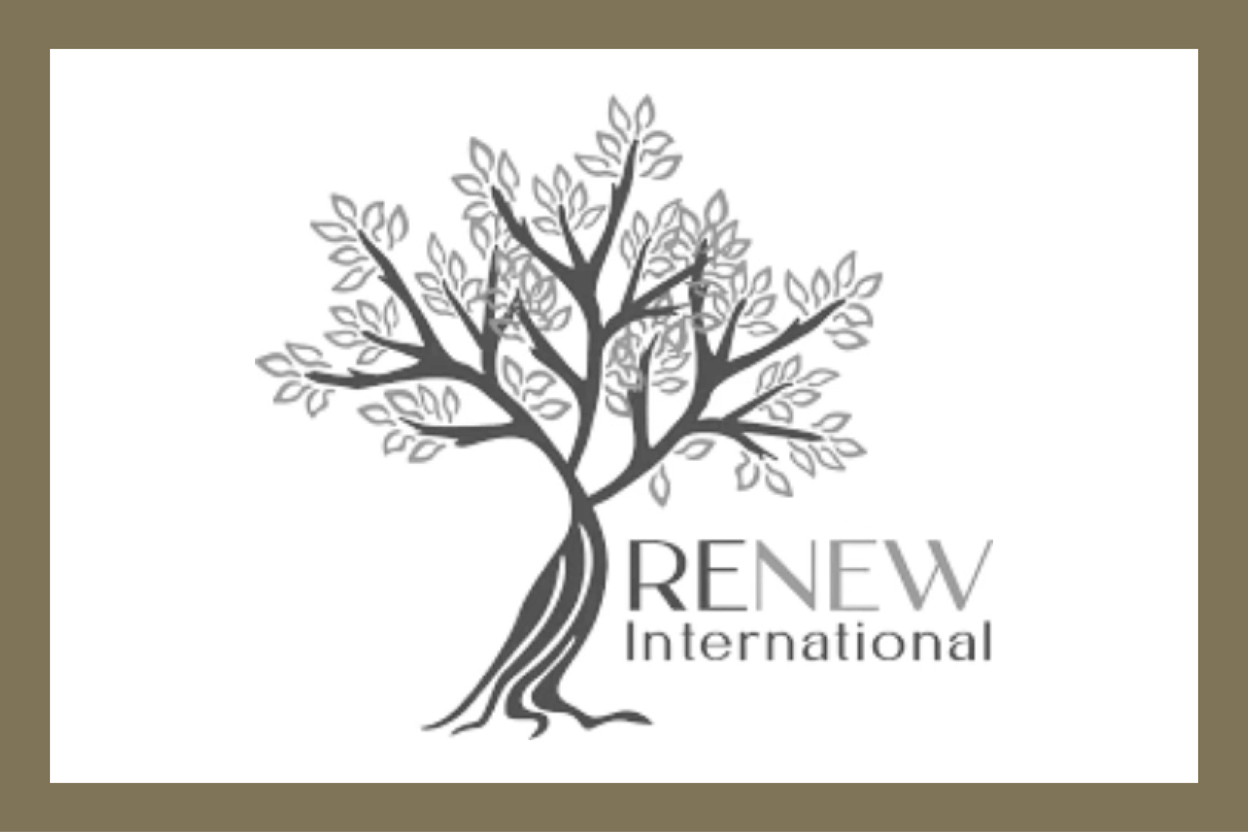 Renew International logo featuring a stylized tree with the word 'RENEW' above 'International'.