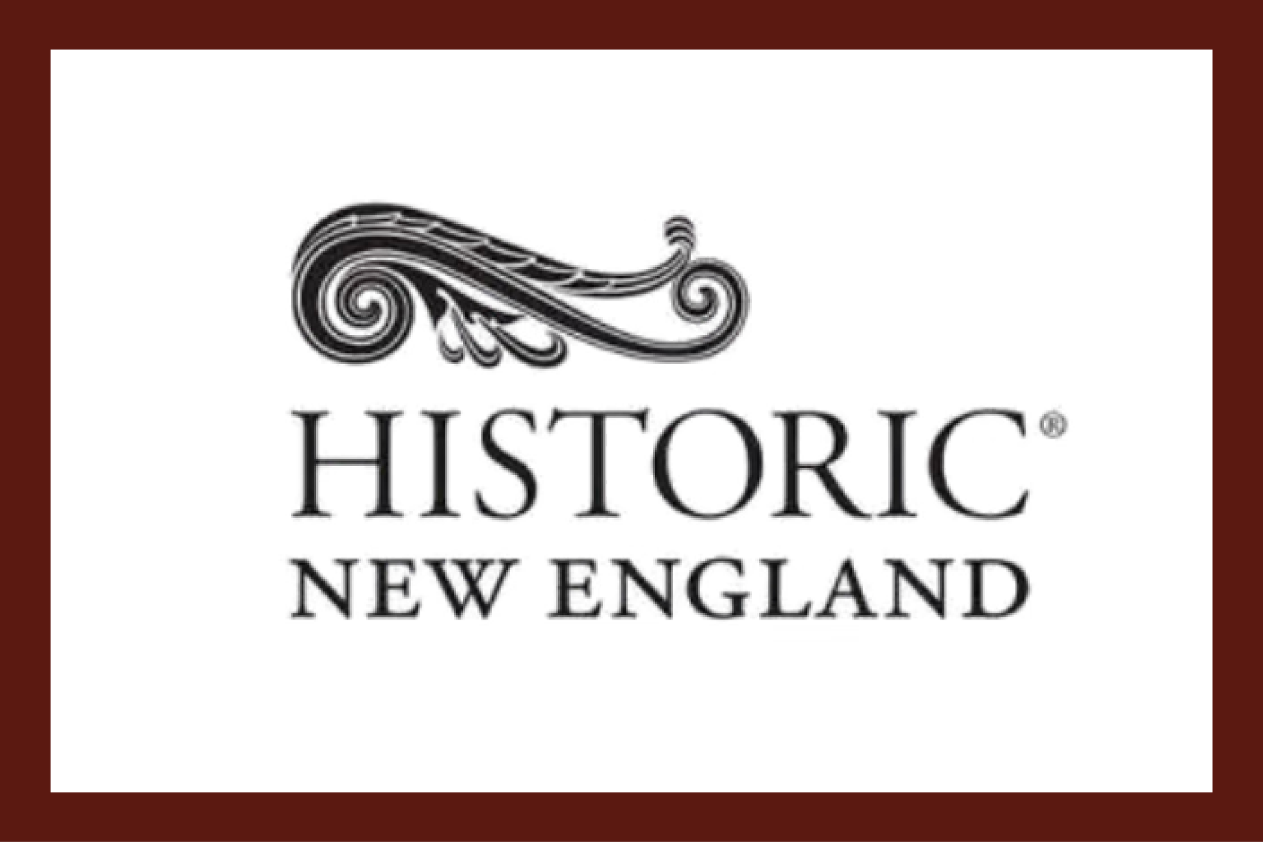 Historic New England logo with decorative swirl design.