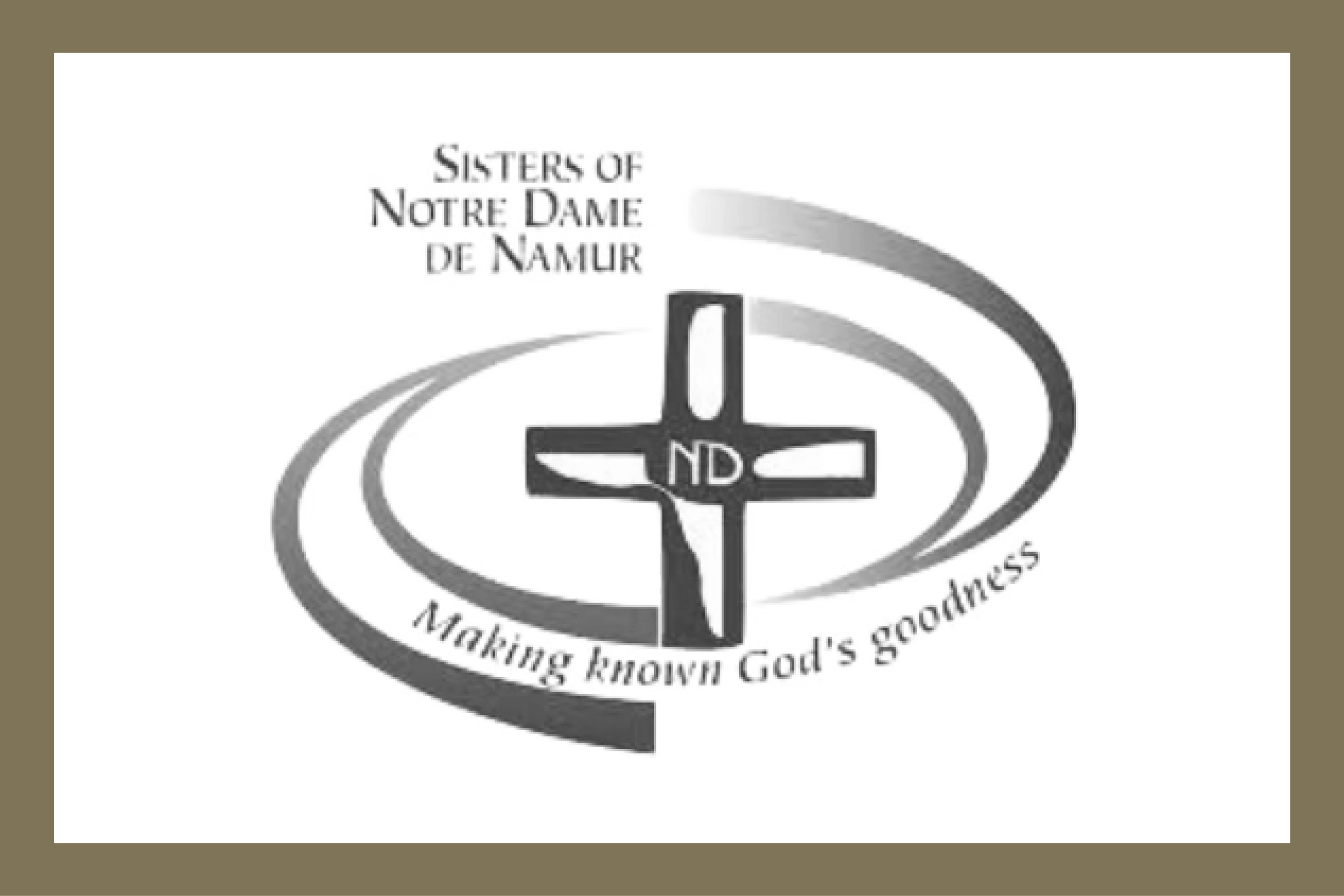 Logo of the Sisters of Notre Dame de Namur featuring a cross with "ND" in the center and the text "Making Known God's Goodness" with circular bands around the cross.
