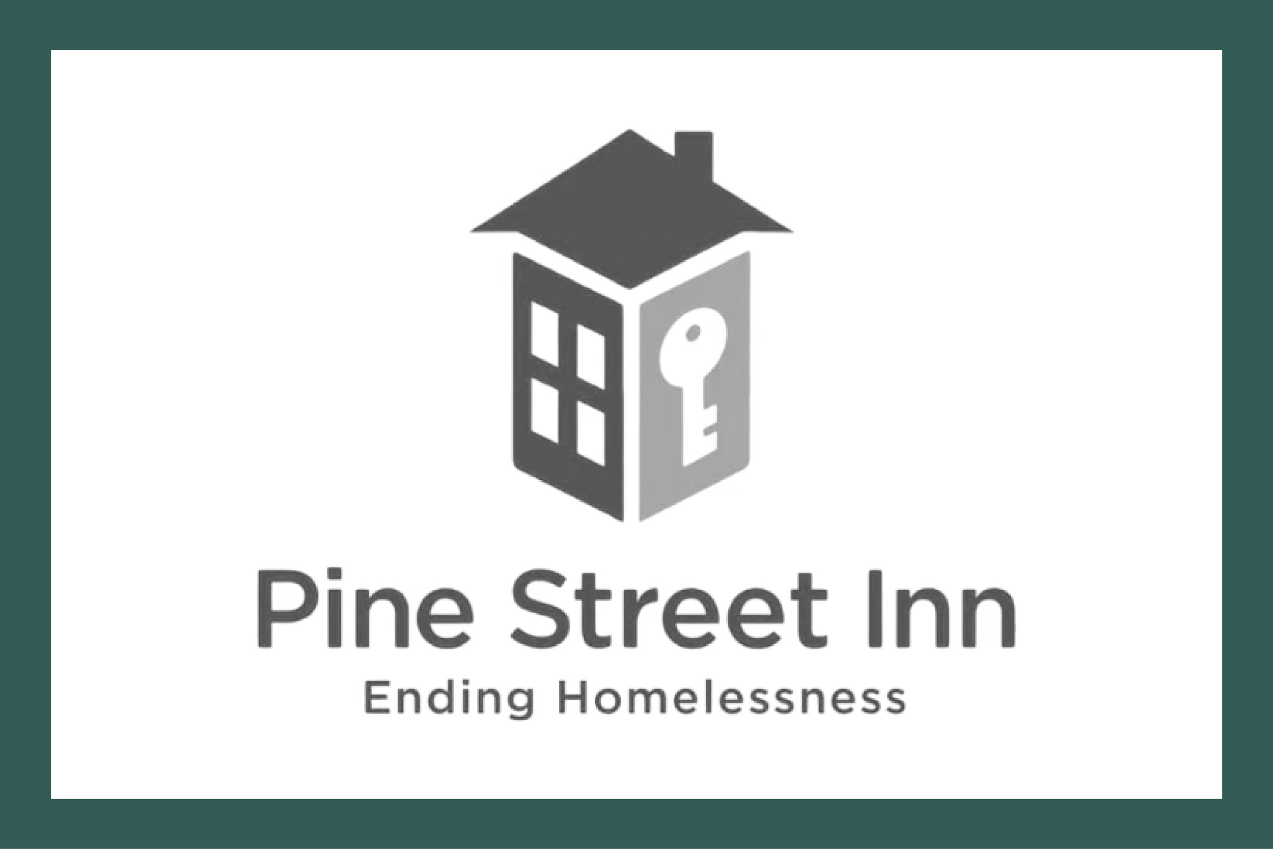Logo of Pine Street Inn featuring a house with a key symbol and the text "Ending Homelessness."