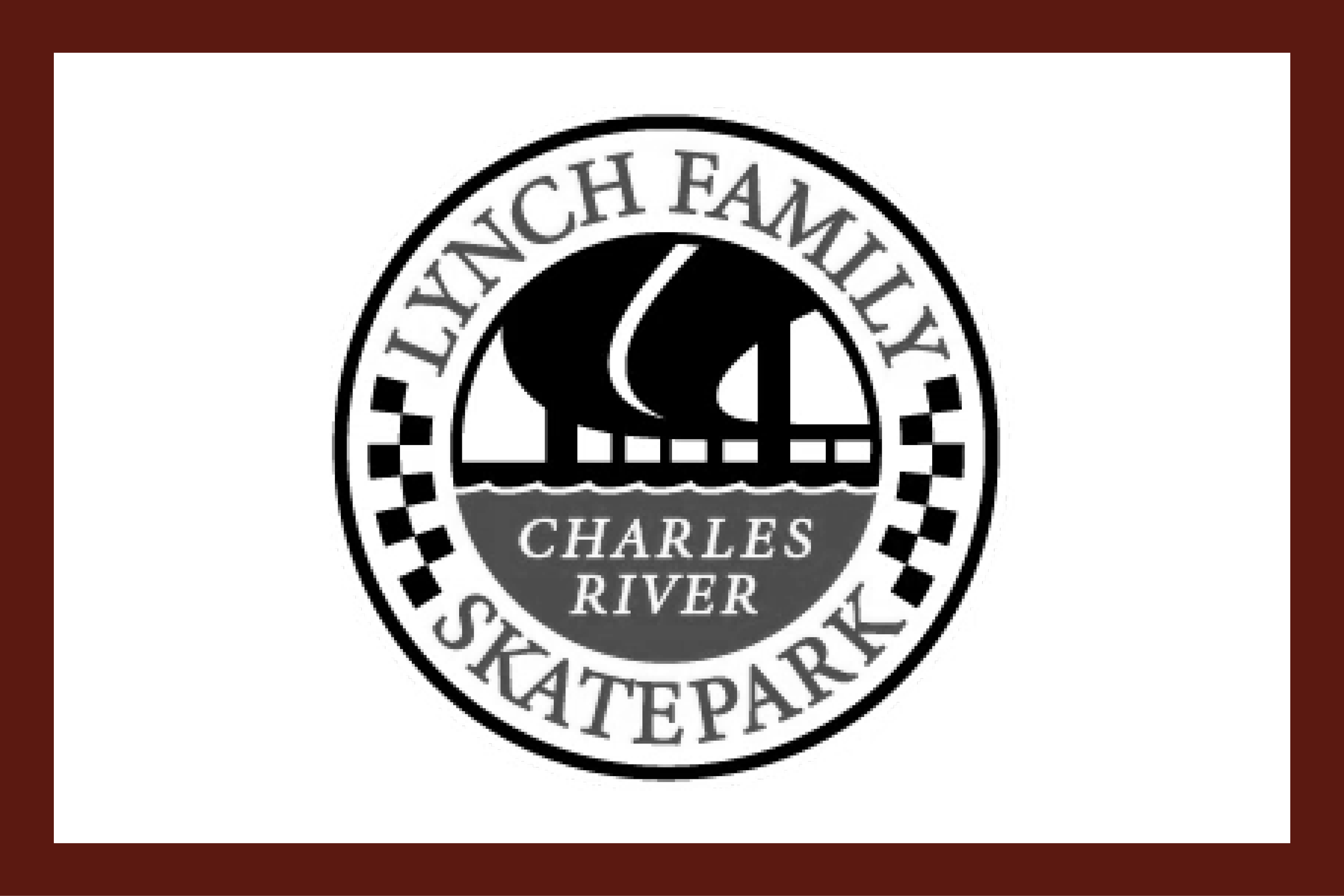 Logo of Lynch Family Skatepark with a black silhouette of a bridge and river, and text "Charles River."