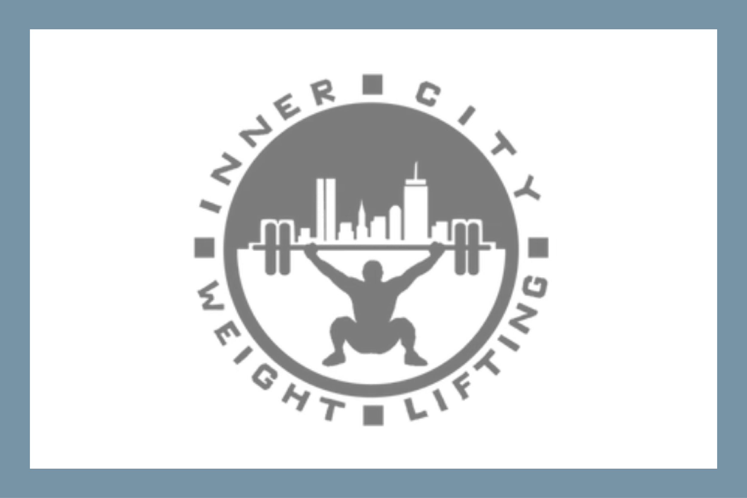 Logo featuring a silhouette of a weightlifter holding a barbell with a city skyline in the background, surrounded by the text 'Inner City Weightlifting.'