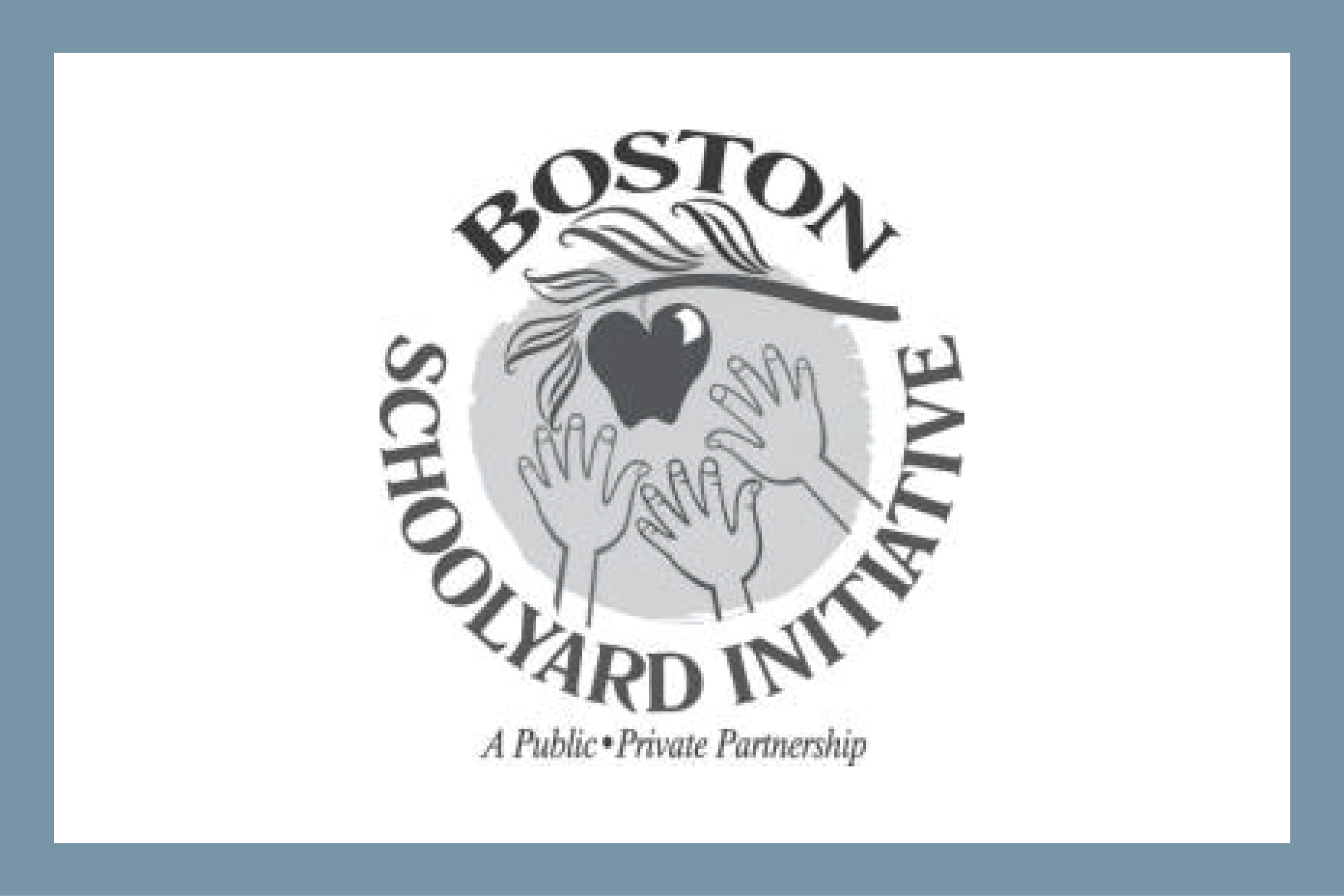 Logo of the Boston Schoolyard Initiative featuring hands reaching towards an apple with a leaf, surrounded by the text 'Boston Schoolyard Initiative' and 'A Public•Private Partnership.'