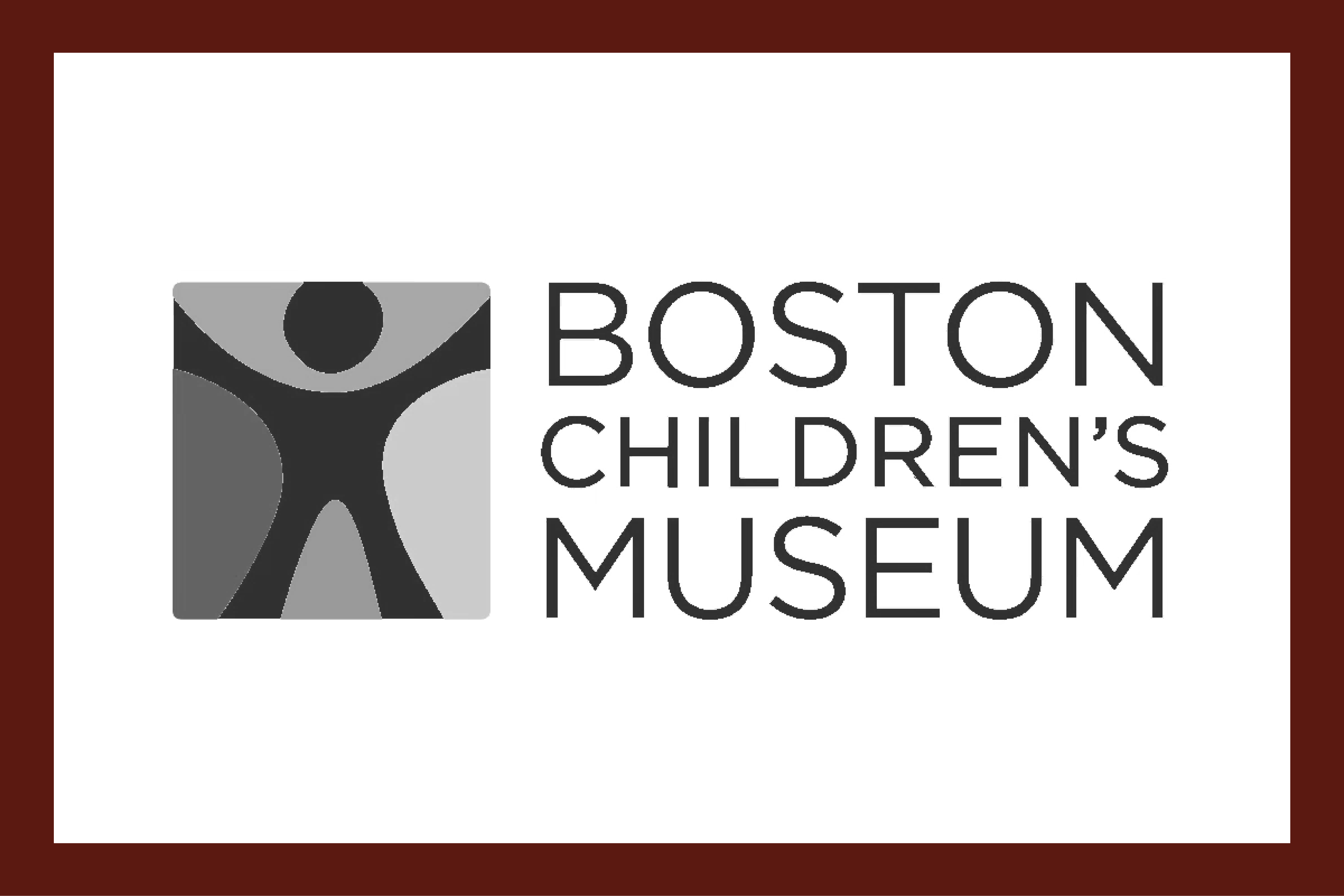 Boston Children's Museum logo with stylized figure in gray square.