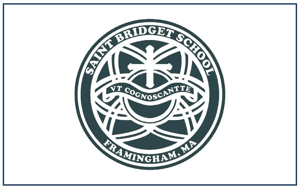 Seal of Saint Bridget School in Framingham, Massachusetts with a cross and ribbon bearing the Latin phrase 'VT COGNOSCANTTE'