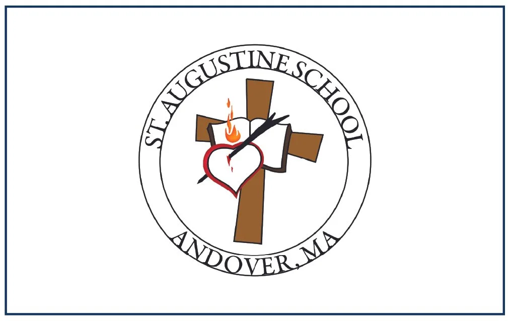 School logo for St. Augustine School in Andover, MA, featuring a cross, an open book with a flame, and a heart with a heartbeat line.