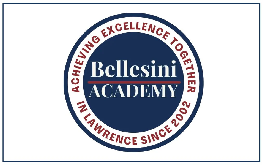 Logo of Bellesini Academy with the motto 'Achieving Excellence Together in Lawrence Since 2002' in a circular design with blue, white, and red colors.