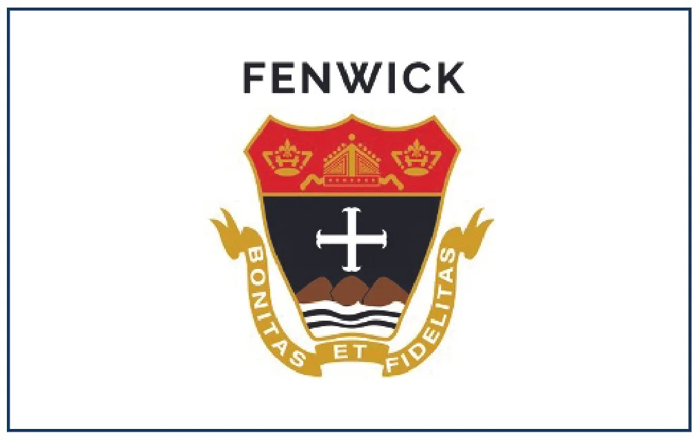 Shield emblem with a crown, a bridge, mountains, and wavy lines, surrounded by a gold banner with Latin text, topped with the word 'FENWICK'