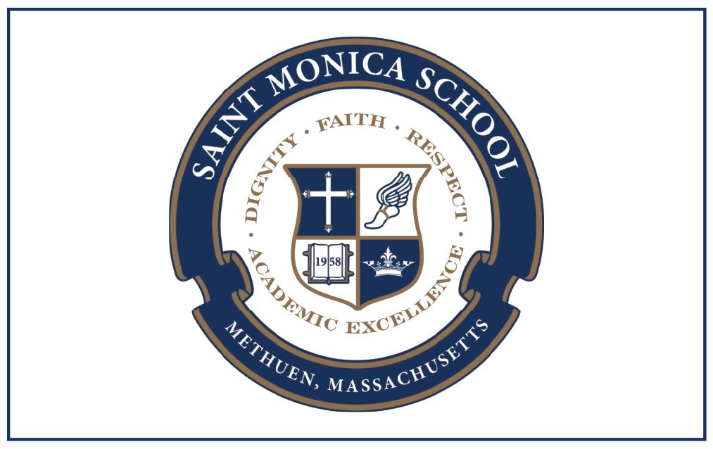 Seal of Saint Monica School in Methuen, Massachusetts, featuring a shield with a cross, a flame, a book marked 1958, and a crown, surrounded by the school's motto and location.