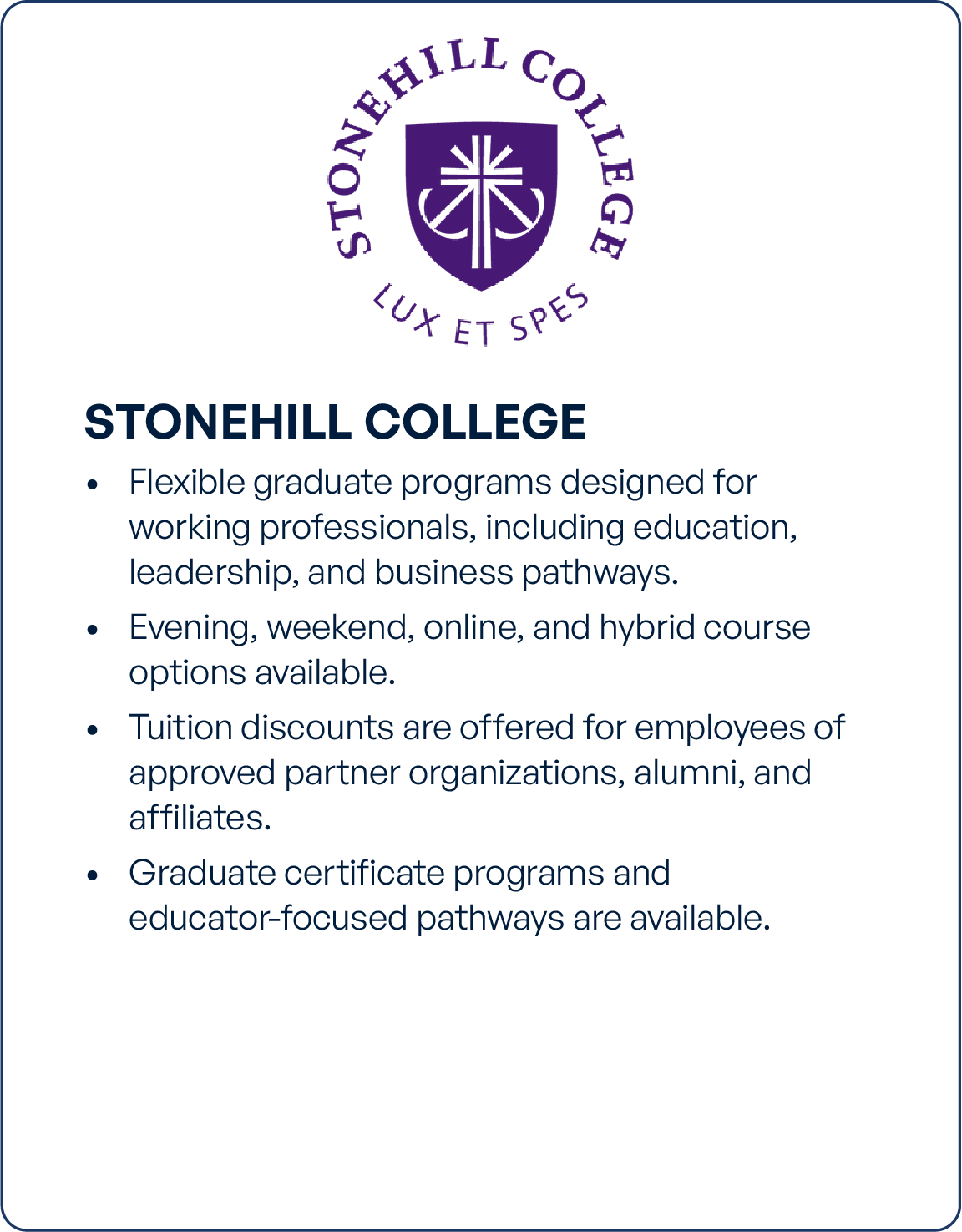 Stonehill College flyer with the college's emblem and information about graduate programs, including options for working professionals, online, hybrid courses, tuition discounts, and certificate programs.
