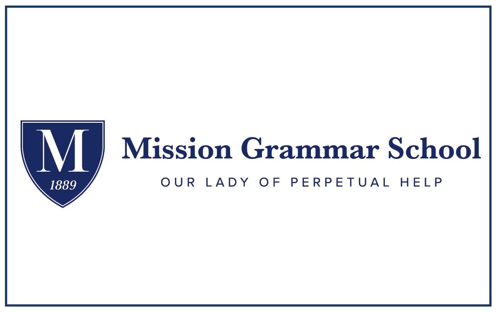 Logo of Mission Grammar School with a shield featuring the letter 'M' and the year 1889, along with the text 'Mission Grammar School' and the phrase 'Our Lady of Perpetual Help'.