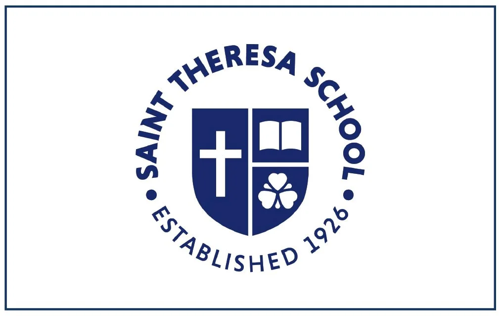 Saint Theresa School logo featuring a shield with a cross, an open book, and a four-leaf clover, with the school name and establishment date, 1926.