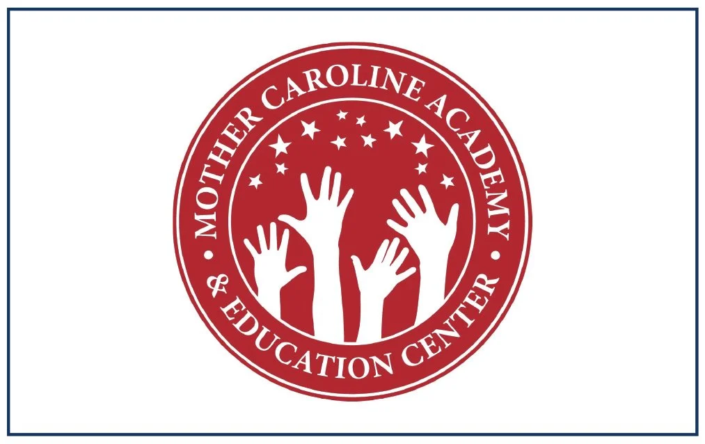 Red circular logo with white text that says 'Mother Caroline Academy & Education Center,' featuring three raised hands and stars inside the circle.