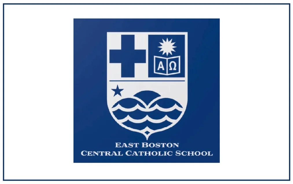 Logo of East Boston Central Catholic School featuring a cross, an open book with the letters A and Omega, a star, and waves, with the school name underneath.