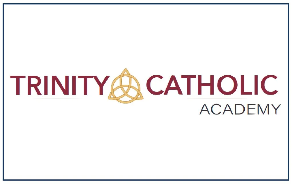 Logo of Trinity Catholic Academy with the name in maroon letters and a gold Celtic knot symbol.