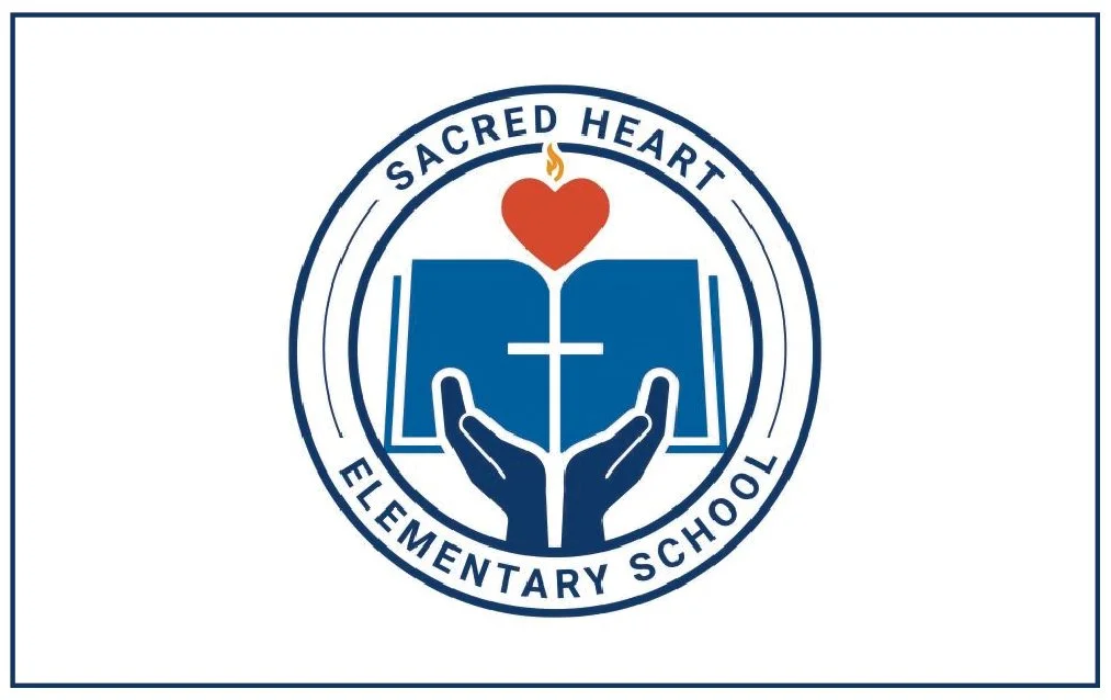 Logo for Sacred Heart Elementary School featuring an open book, a heart with a flame, and hands, with the school's name encircling the design.