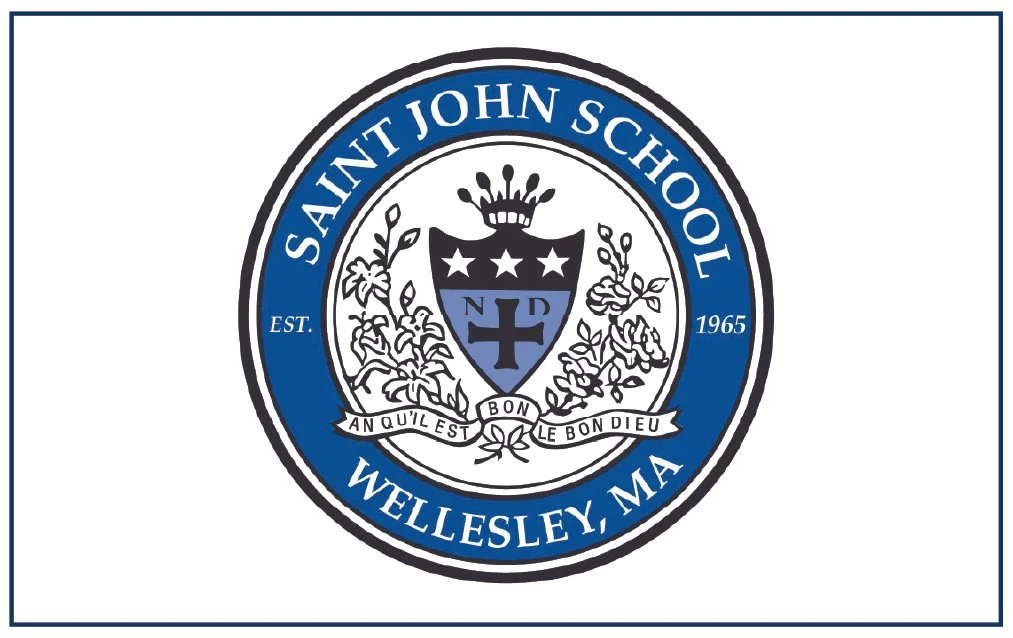Emblem of Saint John School in Wellesley, Massachusetts, featuring a shield with a cross, stars, and a crown, surrounded by a blue circle with the school name, established date 1965, and Latin motto 'An QuiesT Le Bon Dieu'.