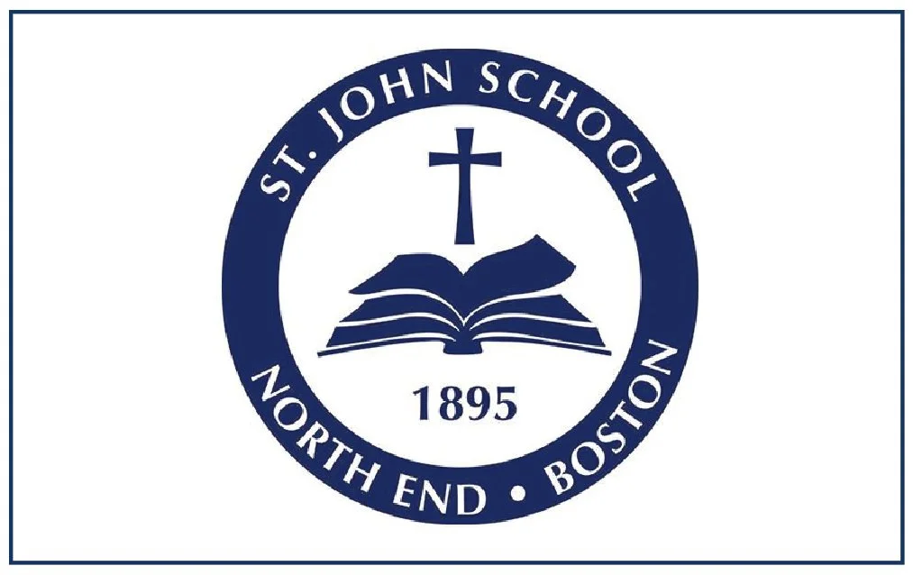 Logo of St. John School in North End, Boston, founded in 1895, featuring a cross, an open book, and the school’s name and location.
