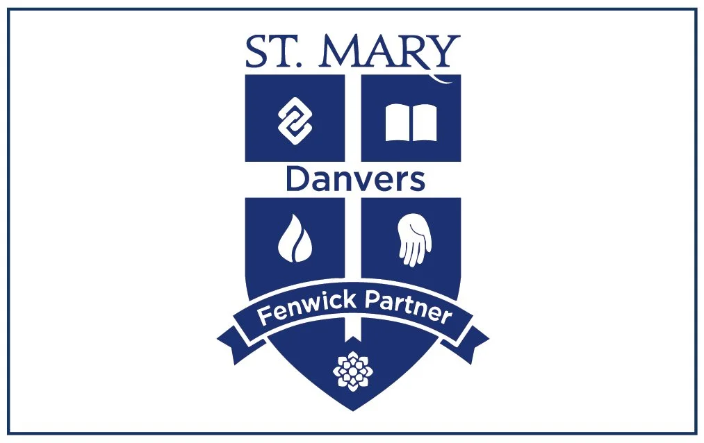 Logo for St. Mary Danvers, featuring symbols for faith, education, service, and community, with the words "Fenwick Partner" on a banner.