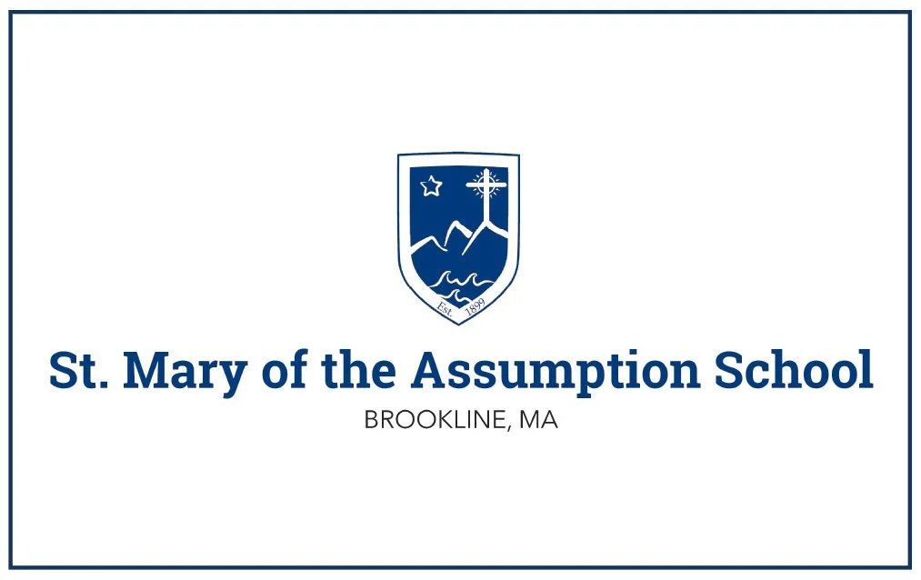 Logo of St. Mary of the Assumption School with mountains, star, and cross, and text indicating the school is in Brookline, MA.
