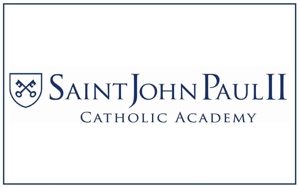 Logo of Saint John Paul II Catholic Academy featuring a shield with crossed keys and the school name.