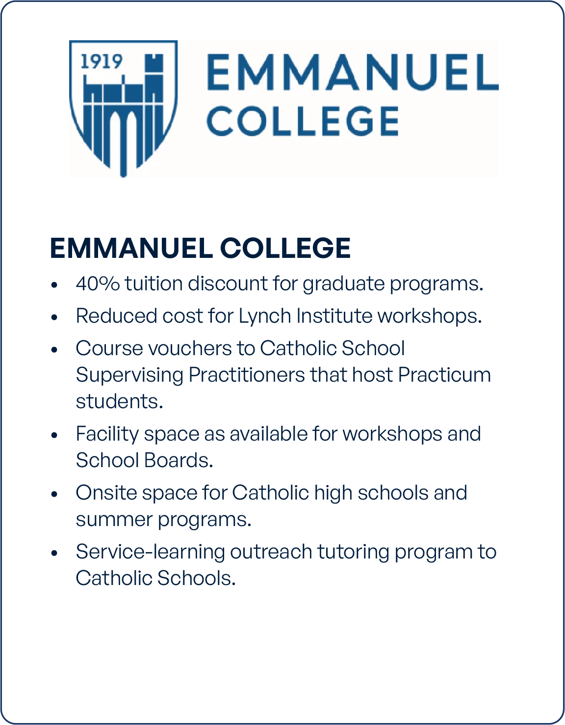 Flyer for Emmanuel College highlighting tuition discounts, workshops, and space for Catholic School programs.