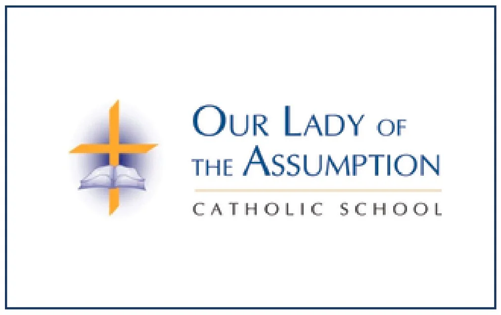 Logo of Our Lady of the Assumption Catholic School, featuring a gold cross, a book, and blue and gray text.