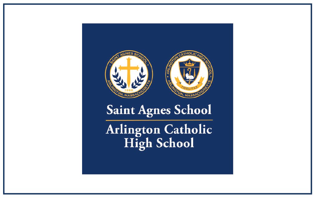 Logo of Saint Agnes School, Arlington Catholic High School with two crests, one featuring a cross and laurel, the other a shield with a bishop's mitre, both on a navy blue background.