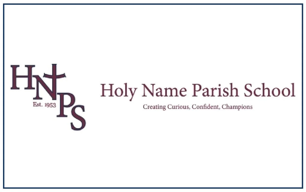 Logo for Holy Name Parish School with the initials 'HNPS' and the school name 'Holy Name Parish School' and the tagline 'Creating Curious, Confident, Champions'.
