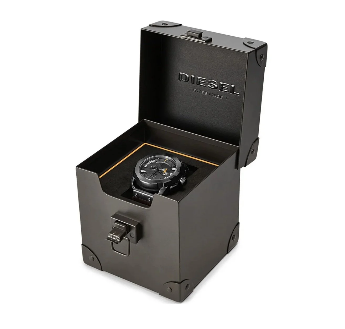 A black wristwatch with a round face and chronograph features, placed inside a black watch box with a lock, labeled 'DIESEL' and 'SWISS MADE'.