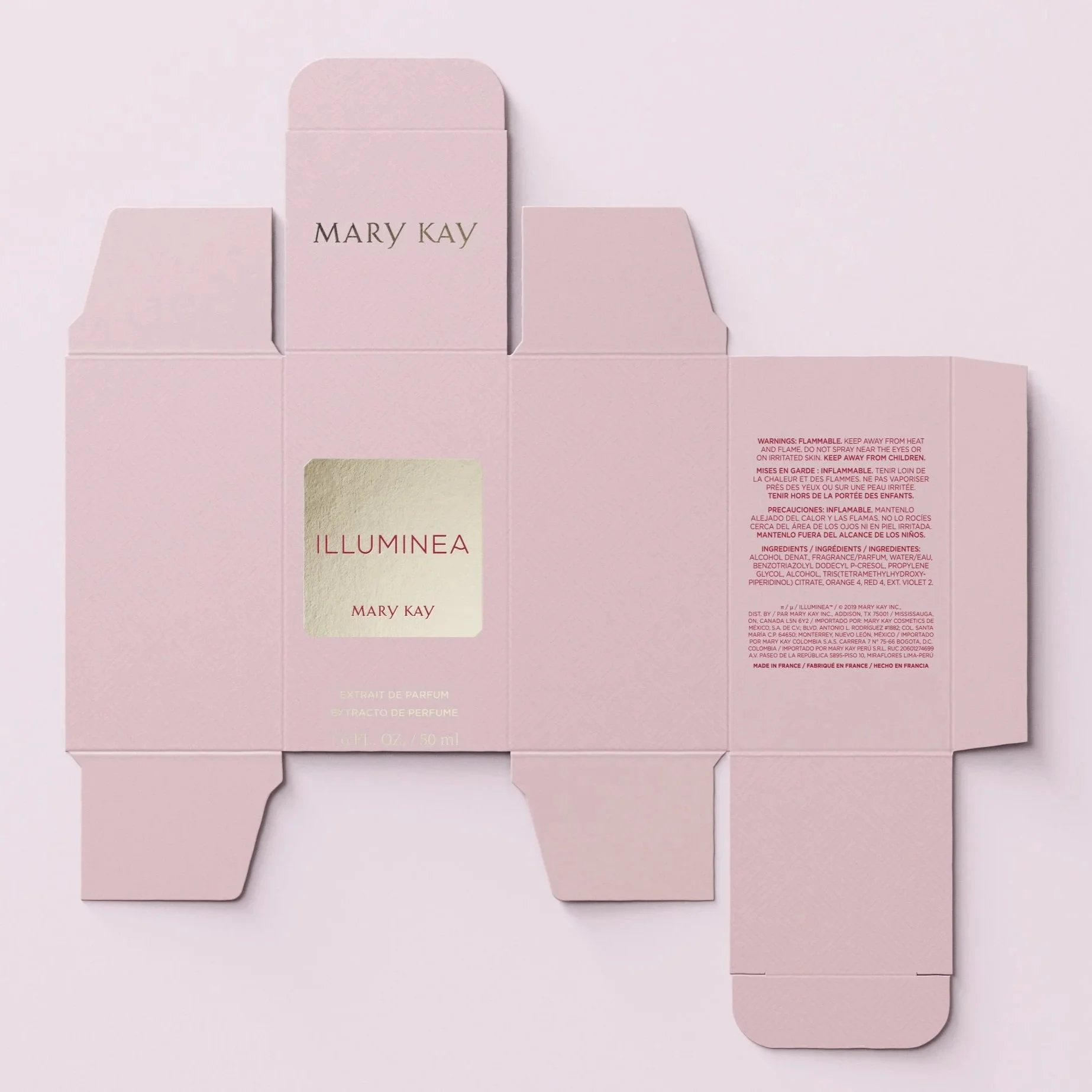 Unopened pink perfume box for Mary Kay Illuminea with product information and warnings printed on it.