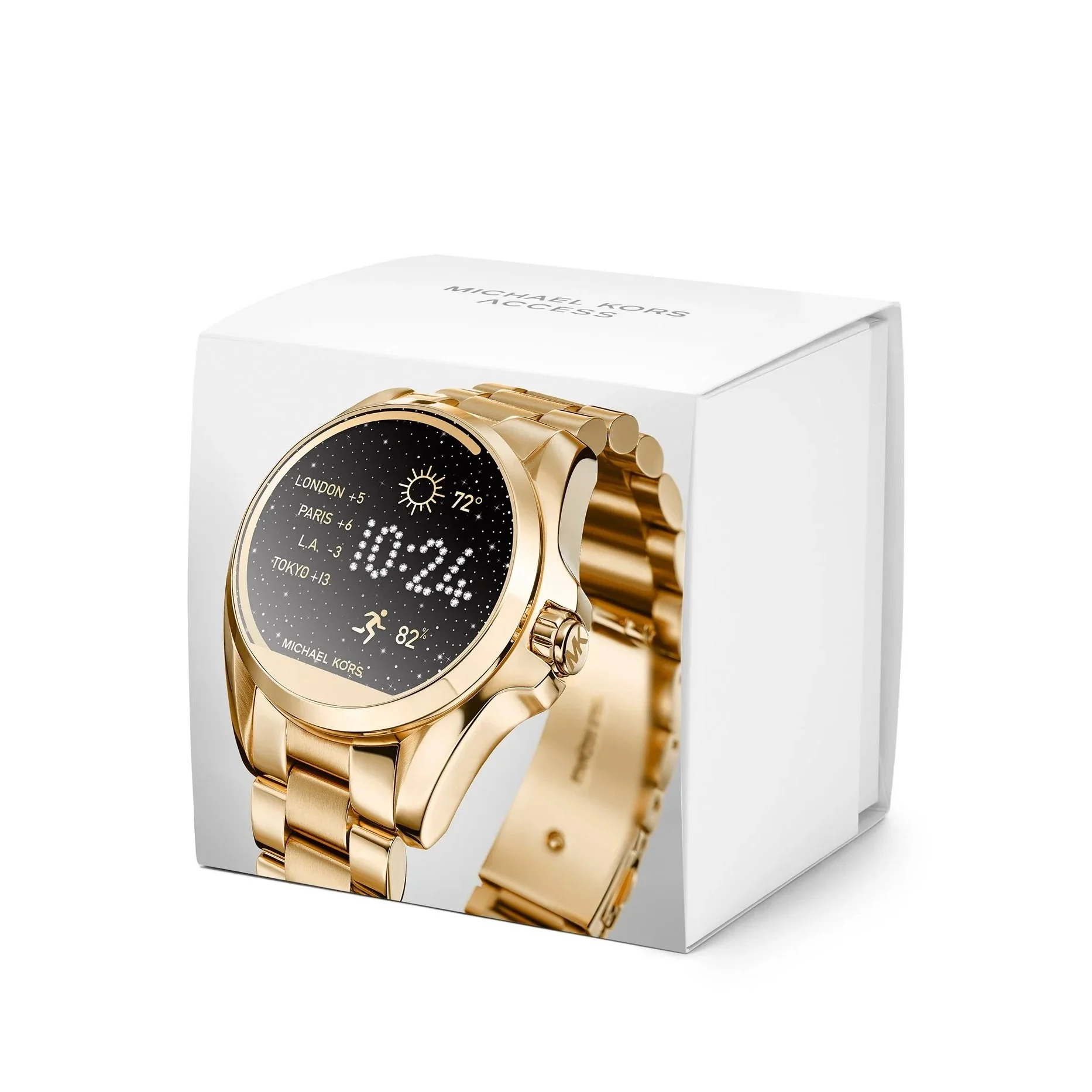 A black and gold Michael Kors smartwatch with a digital display, showing time, weather, and world clocks, placed in a white box.