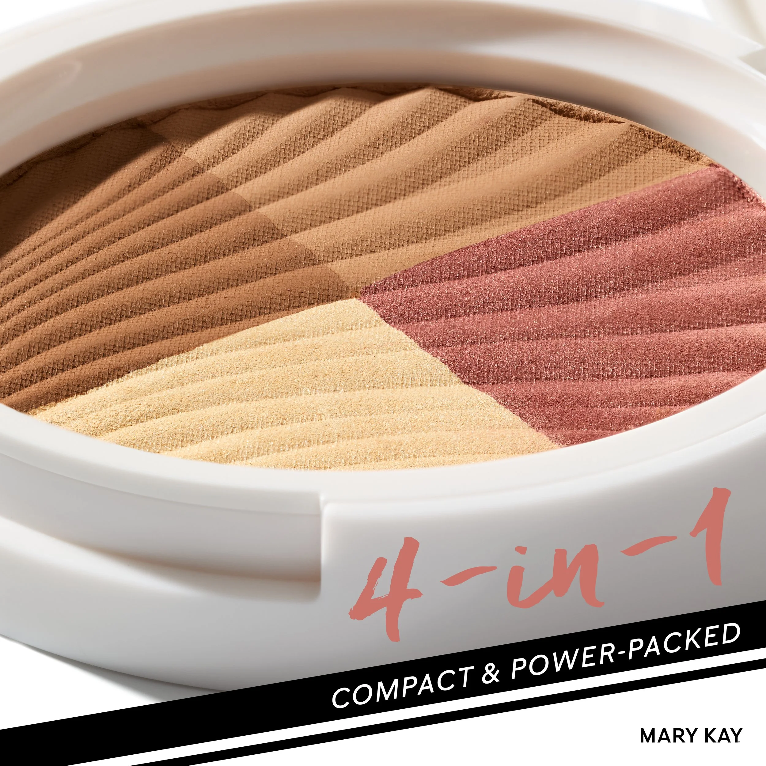 Close-up of Mary Kay compact with multicolored pressed powder in shades of beige, pink, and brown, with '4-in-1' written in pink and black text overlay.