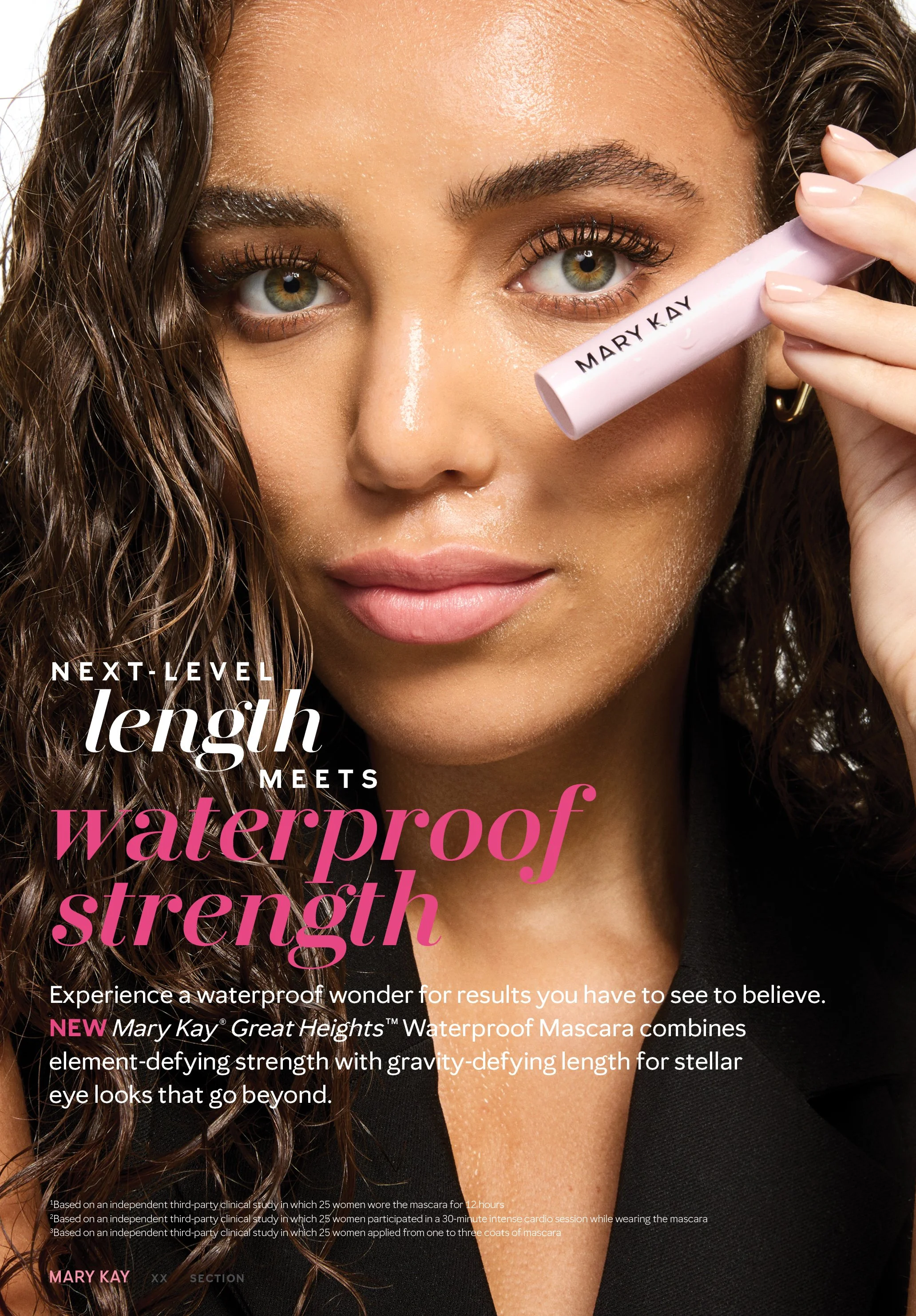 A woman with curly hair holding a pink mascara tube labeled 'Mary Kay' near her eye, with promotional text about waterproof mascara.