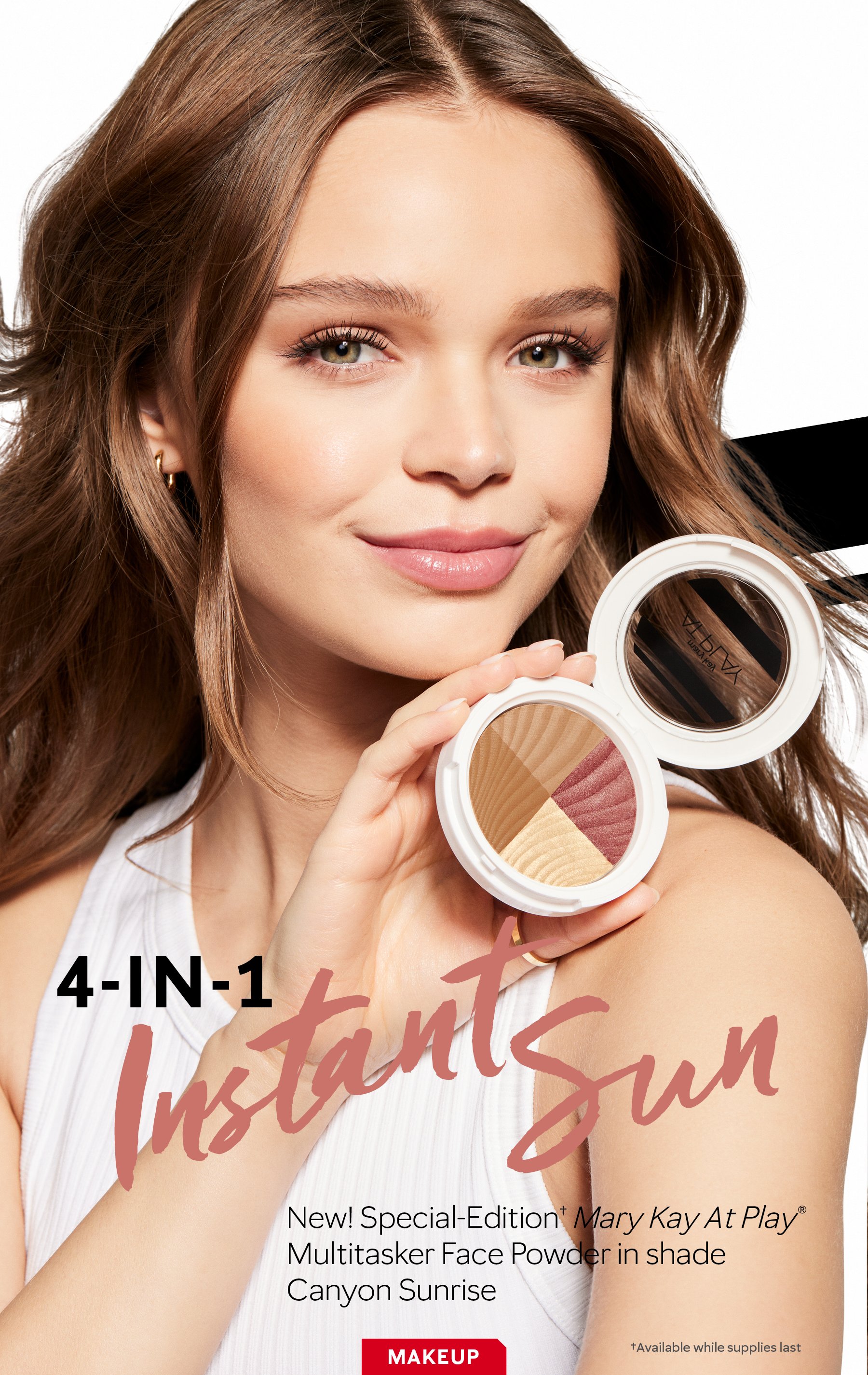 A woman with long, wavy brown hair and light makeup holding an open compact of multicolor face powder. The background is mostly white. Text on the image promotes a 4-in-1 face powder by Mary Kay called Canyon Sunrise, with a red 'Makeup' button at th